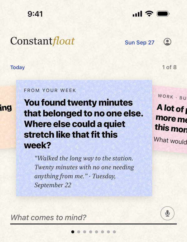 Constant Float's Today screen: this morning's thought on a blue sticky note above a week of one-line notes